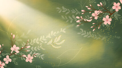 Poster - Blooming Floral Embrace: Delicate cherry blossom branches dance gracefully against a softly lit, verdant backdrop, offering a sense of serene and refreshing beauty.