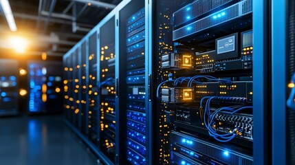 Poster - Illuminated server racks in a modern data center a bright digital infrastructure perspective