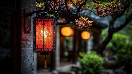 Poster - Brilliantly glowing red lantern at night in a serene garden illuminating the tranquil atmosphere