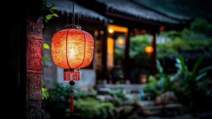 Poster - Captivating glow of a red lantern in a tranquil garden evening setting closeup photography serene atmosphere