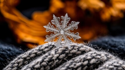 Poster - Closeup of a snowflake on a wool glove winter wonderland macro photography cozy atmosphere natural beauty
