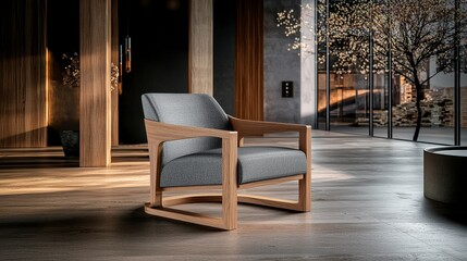 Poster - Contemporary chair design featuring curved wooden frame in modern living room furniture showcase minimalist aesthetic