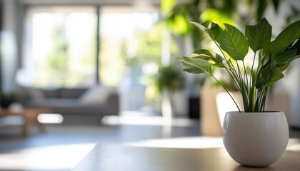 Poster - Blurred Photo Of Stylish Living Room With Greenery, Bright Natural Light, And Elegant Furniture. Defocused Image.