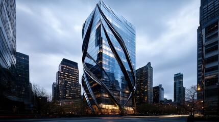 Poster - Dynamic skyscraper design urban cityscape architectural photography modern environment elevated perspective innovation