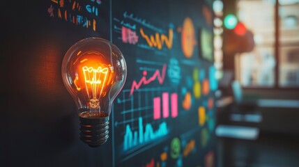 Poster - Illuminated lightbulb on a wall with charts, suggesting ideas. Use Business concept