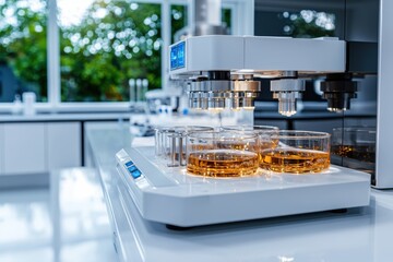 Poster - Innovative gastrotechnology setup in laboratory with advanced equipment under bright white lighting close-up view of cutting-edge processes