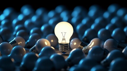 Poster - Single glowing lightbulb amidst many dark ones