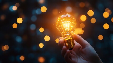Poster - Hand holding glowing lightbulb, creative idea, bokeh background