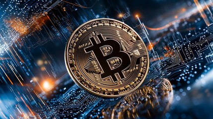 Fototapete - Golden bitcoin symbol surrounded by digital elements in a high-tech environment