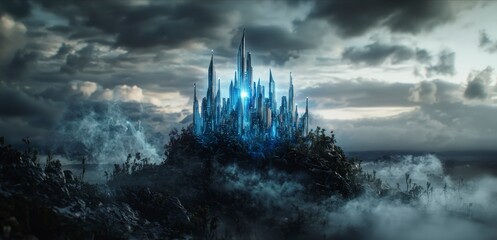 Poster - High-res digital artwork of a futuristic cityscape surreal aerial perspective in virtual gallery