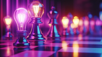 Poster - Illuminated chess pieces, idea strategy, futuristic