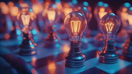 Poster - Light bulbs on chessboard, innovative ideas,  future thinking,  background, stock photo