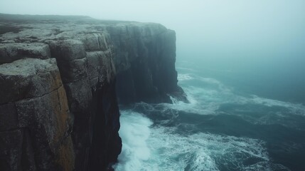 Aufkleber - A foggy coastal cliff with waves crashing against the rocks.