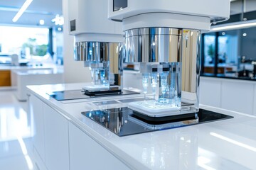 Poster - Innovative gastrotechnology setup showcasing advanced equipment in a laboratory with bright white lighting closeup view for scientific exploration
