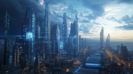 Poster - A futuristic cityscape with towering skyscrapers and holographic displays