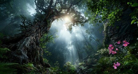 Aufkleber - Dawn serenity in a lush dense forest nature scene tranquil atmosphere sunlight filtering enchanting view