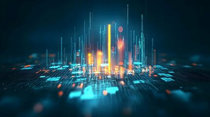Poster - Abstract digital city with interconnected glowing lines on dark blue background showcasing data network