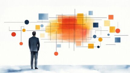 Poster - Futuristic Watercolor Illustration of a Businessman Observing Abstract Geometric Art in a Modern Style