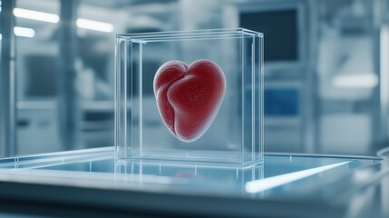 Poster - Futuristic 3D Illustration of Advanced Tissue Engineering Heart Model in Transparent Display Case