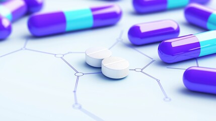 Poster - Flat design illustration of blockchain technology with pills and capsules on a light blue background