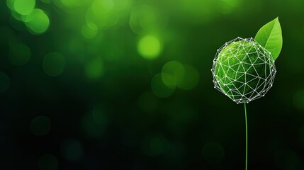 Poster - 3D Illustration of an AI Optimized Sustainable Concept with a Green Sphere and Leaf on a Vibrant Background