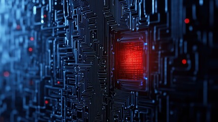 Poster - 3D Illustration of AI Powered Threat Intelligence Concept with Circuit Board Design and Red Light