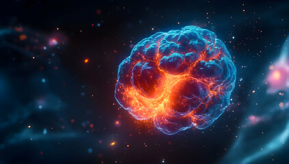 Wall Mural -  Neurocin, glowing orange and blue, close-up of an isolated human cell.