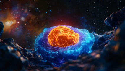 Wall Mural -  Neurocin, glowing orange and blue, close-up of an isolated human cell.