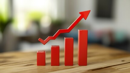 Poster - Red bar chart increasing, business growth, wooden table, blurred background