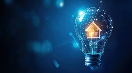 Glowing house inside light bulb, connected nodes, smart home concept on dark gradient blue background