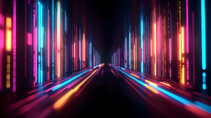 Poster - Abstract Digital Tunnel With Neon Light Streaks And Colorful Lines Creating A Futuristic Technology Background