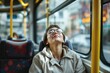© PlanetOfVectors - Young woman with glasses and short hair relaxing on a bus seat, wearing a beige coat. Cityscape visible through window in background. Ai generative