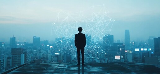 Poster - Businessman on rooftop overlooking cityscape with network connection.
