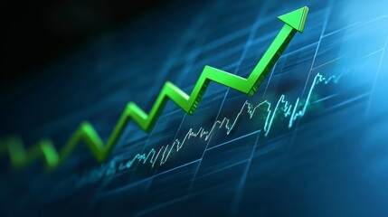 Leinwandbilder - Green arrow graph on a digital display, showing growth, business success, finance. Possible use Stock photo for business presentations, financial reports, investment, or success