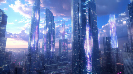 Poster - A futuristic cityscape with towering skyscrapers and holographic displays