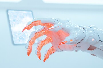 Poster - close-up of alien hand reaching toward holographic map of star system intricate glowing details on fingers and sleek