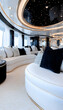 © halimatus - Luxurious yacht lounge with curved white sofas black and white pillows starlit ceiling and gold accents