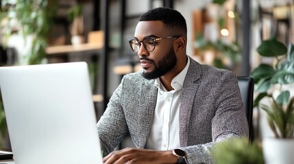 Aufkleber - A business owner checks customer loyalty reports his serious face reflecting dedication and focus