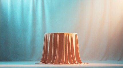 Poster - luxurious podium draped in rich velvet fabric soft textures glowing under diffused light with generous copy space