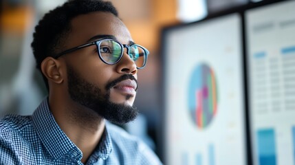 Poster - A manager tracks customer engagement metrics his focused face showing precision and analysis
