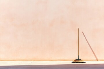 Poster - neatly swept plaza with lone broom leaning against wall surrounded by soft light and wide copy space