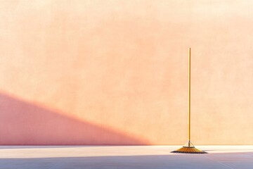Poster - neatly swept plaza with lone broom leaning against wall surrounded by soft light and wide copy space
