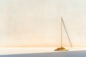 Poster - neatly swept plaza with lone broom leaning against wall surrounded by soft light and wide copy space