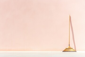 Poster - neatly swept plaza with lone broom leaning against wall surrounded by soft light and wide copy space