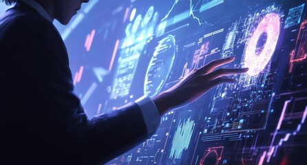 Poster - Businessperson interacts with holographic data interface.