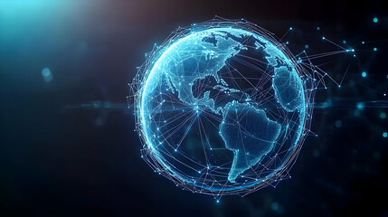 Poster - Abstract Digital Globe With Blue Light Elements Representing Global Network Connections in Dark Background