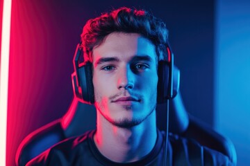 Poster - portrait of charismatic gaming influencer in futuristic streaming setup rgb lights illuminating room