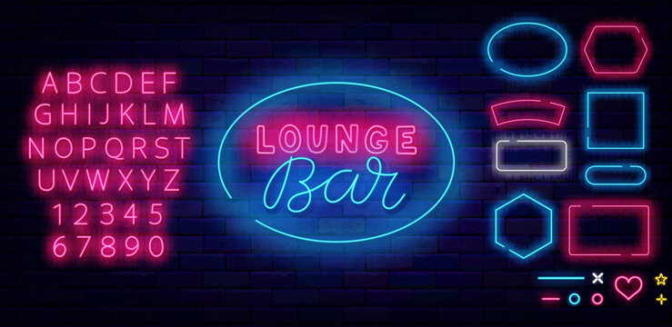 Lounge bar neon emblem. Drink party. Pub and cafe. Glowing advertising. Vector stock illustration