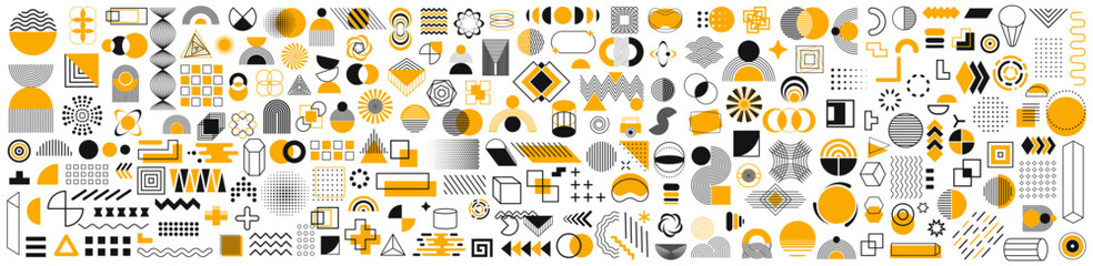 Poster - Geometric shapes set. Trendy minimal halftone geometric shapes collection. Memphis design retro elements. Retro funky graphic, 90s trends designs and vintage print elements