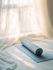 Leinwandbilder - Minimalistic yoga mat elegantly arranged on a clean surface with soft natural light illuminating the serene space